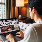 a man reading casino news on a laptop