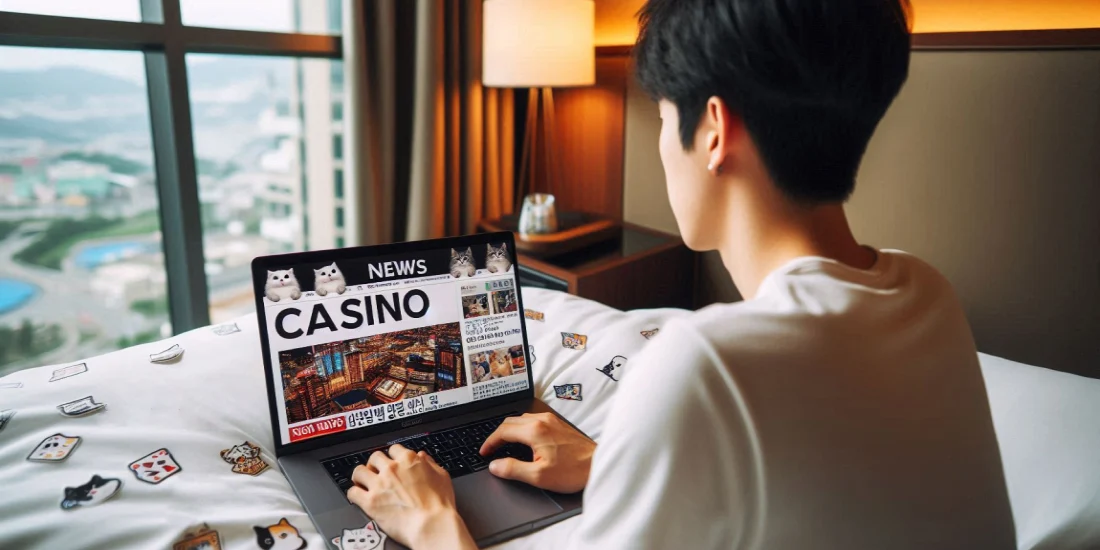 a man reading casino news on a laptop